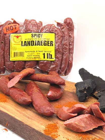Spicy landjaegers sausage retail display from Wisconsin River Meats, smoked spicy snack sticks