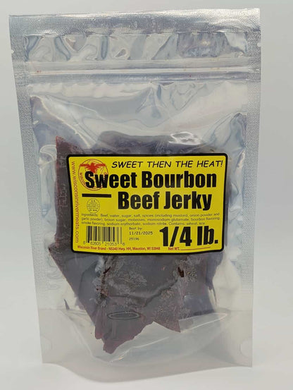 4 ounce sweet bourbon beef jerky with smoky sweetness and tender beef