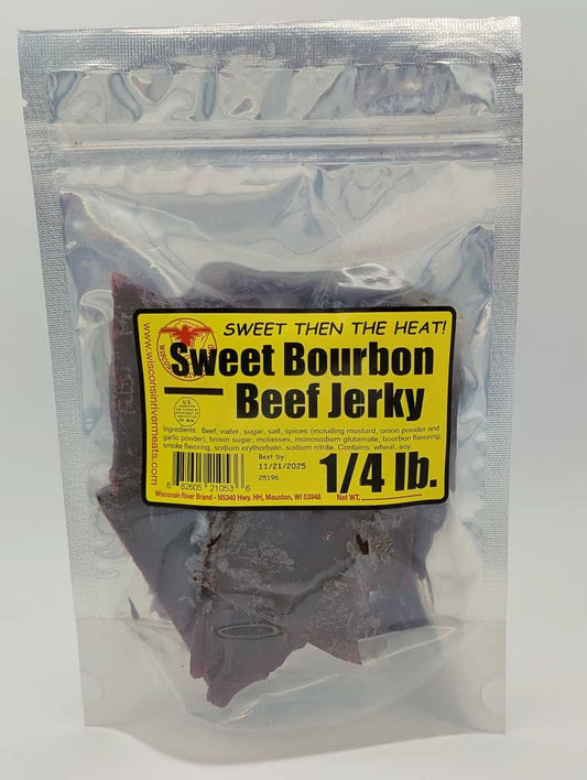 4 ounce sweet bourbon beef jerky with smoky sweetness and tender beef