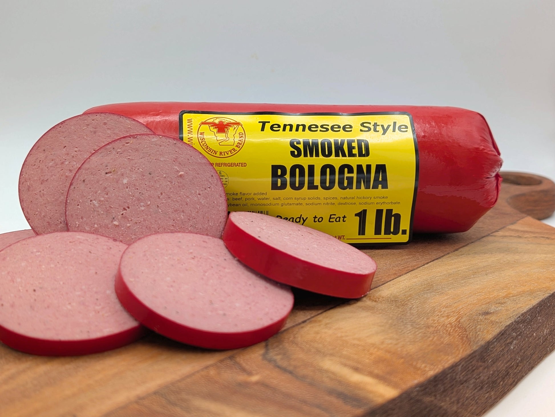 Tennessee Style Smoked Bologna log from Wisconsin River Meats, hickory smoked and fully cooked for authentic Southern flavor