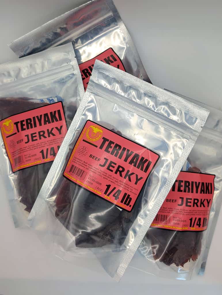 Teriyaki beef jerky 1 lb from Wisconsin River Meats, sweet and savory hardwood smoked beef jerky