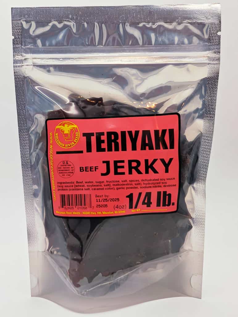 Teriyaki beef jerky 4 oz from Wisconsin River Meats, sweet and savory hardwood smoked beef jerky