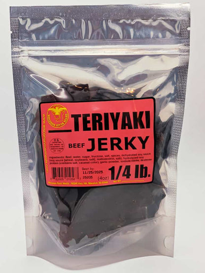 Teriyaki beef jerky 4 oz from Wisconsin River Meats, sweet and savory hardwood smoked beef jerky