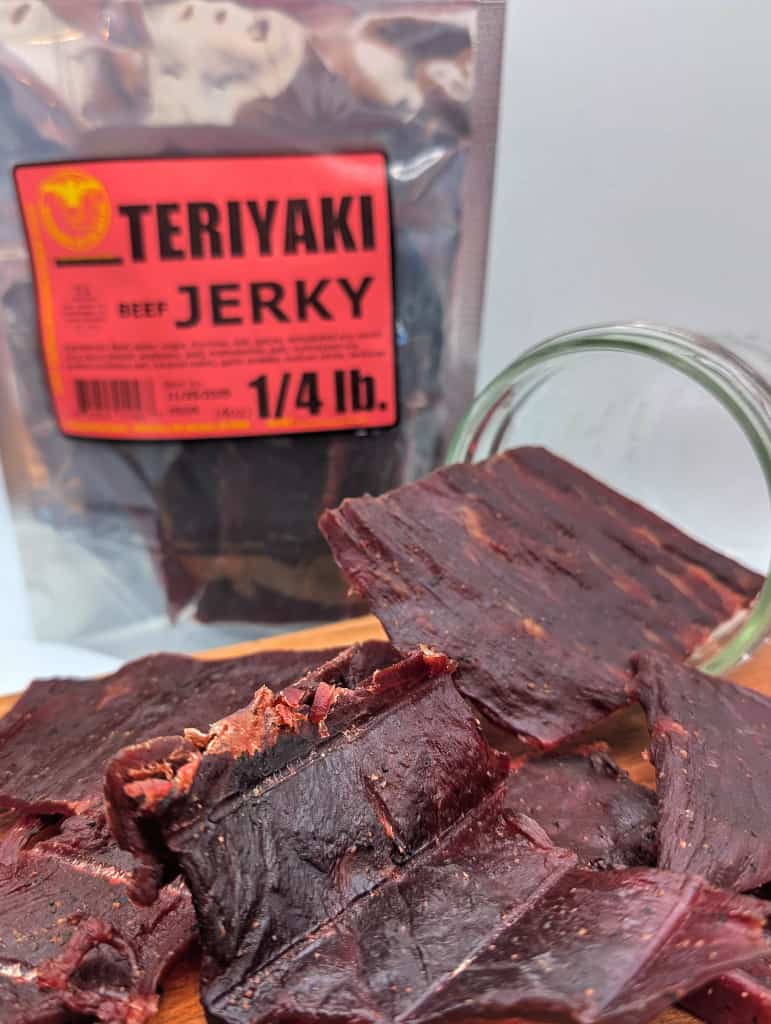 Teriyaki beef jerky retail display from Wisconsin River Meats, assorted sweet and savory beef jerky