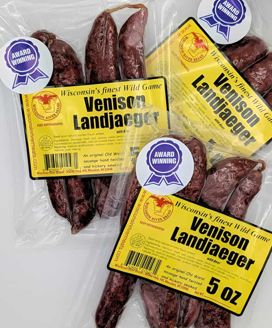 Venison landjaeger sausage 3 pack from Wisconsin River Meats, smoked deer snack sticks