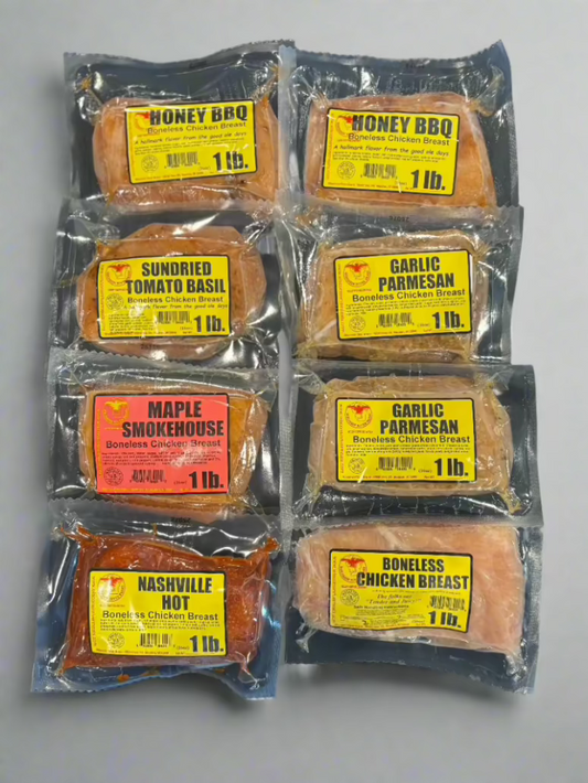 House Sampler bundle of marinated chicken breasts in different flavors, vacuum-sealed and ready for cooking.