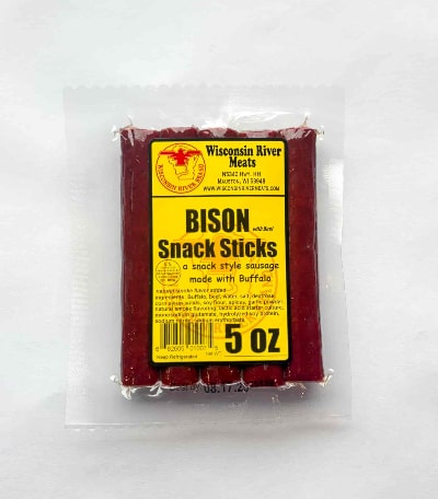 Three 5 oz vacuum‑sealed buffalo meat snack sticks – ready‑to‑eat high‑protein wild game sticks, hickory‑smoked